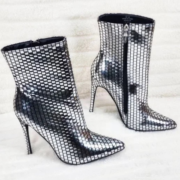 Mack J Shiny Silver Tile Print 4.5" High Heel Ankle Boots - Picture 3 of 9